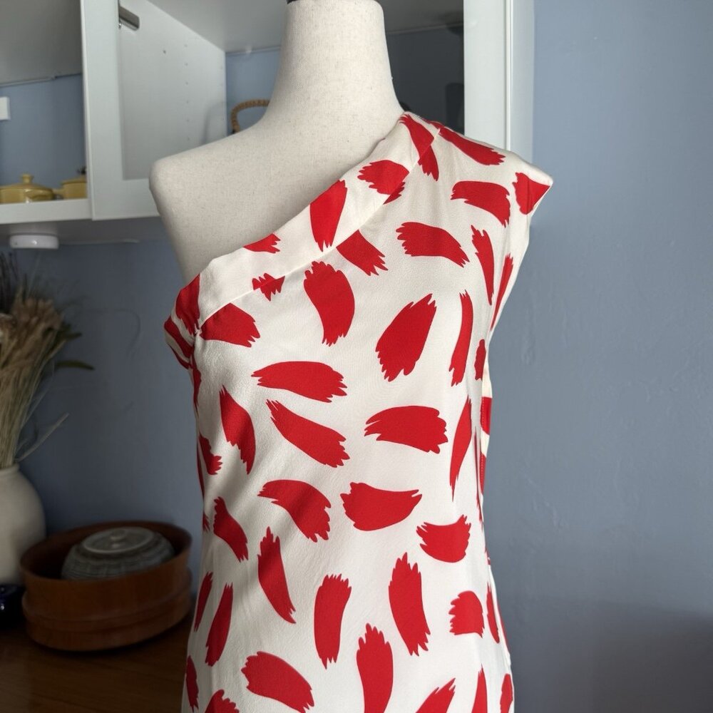 Oscar de la Renta Vintage 80’s Silk Long Maxi Gown Dress One Shoulder Wht Red S - Picture 2 of 10
